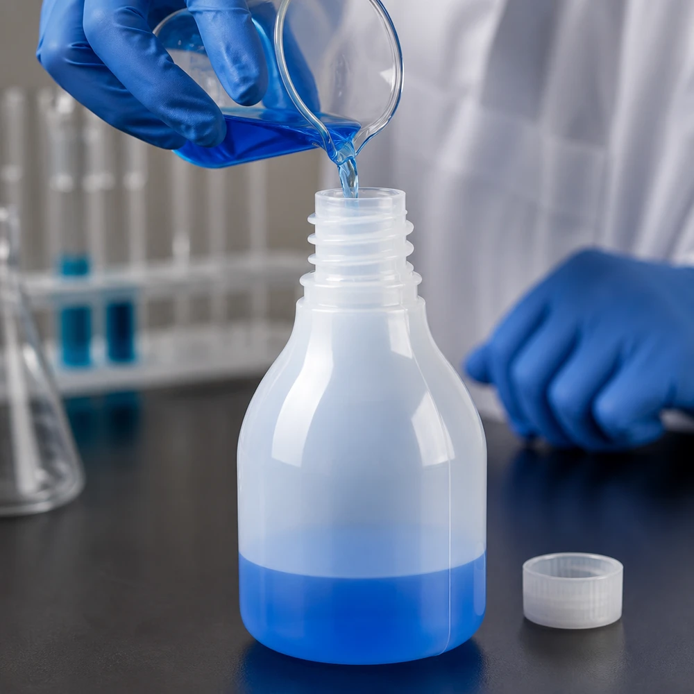 Butelka laboratoryjna o wąskiej szyjce o pojemności 30 ml, bez nakrętki, jest napełniona niebieskim płynem
