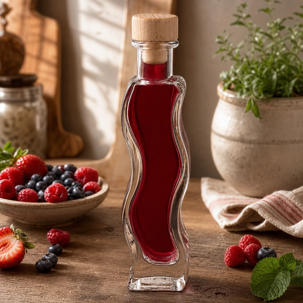 Szklana butelka Melissa 100 ml z drewnianym korkiem UNiTWIST® 100 ml szklana butelka Melissa wypełniona sokiem jagodowym otoczonym świeżymi truskawkami malinami jagodami drewniany korek