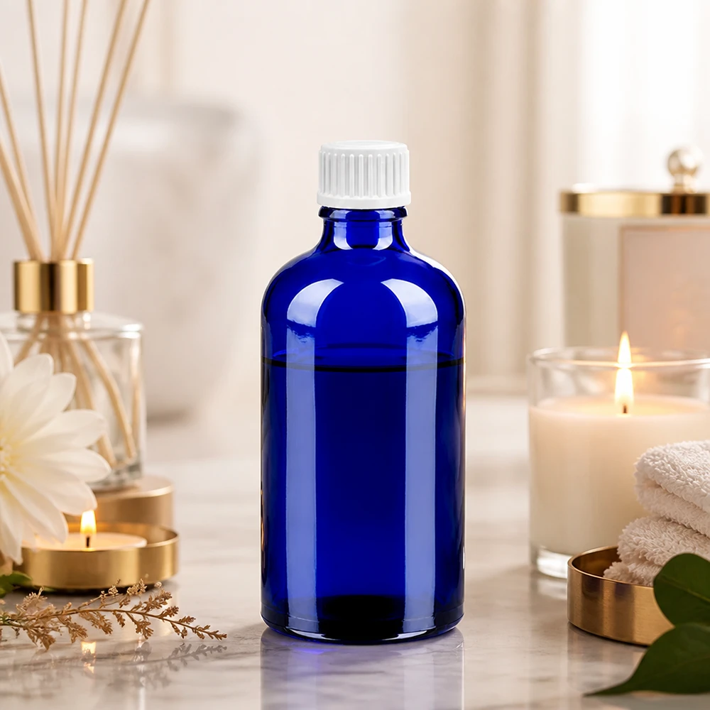 Elegancka niebieska szklana butelka 100 ml z białym zakraplaczem do aromaterapii i olejków eterycznych