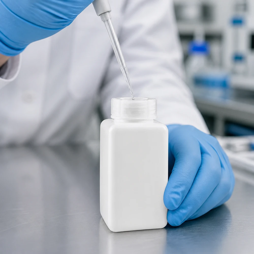 Butelka na chemikalia o szerokiej szyjce, 1500 ml, z polietylenu o wysokiej gęstości (PE-HD), w kolorze naturalnym, do laboratorium, z pipetą do napełniania