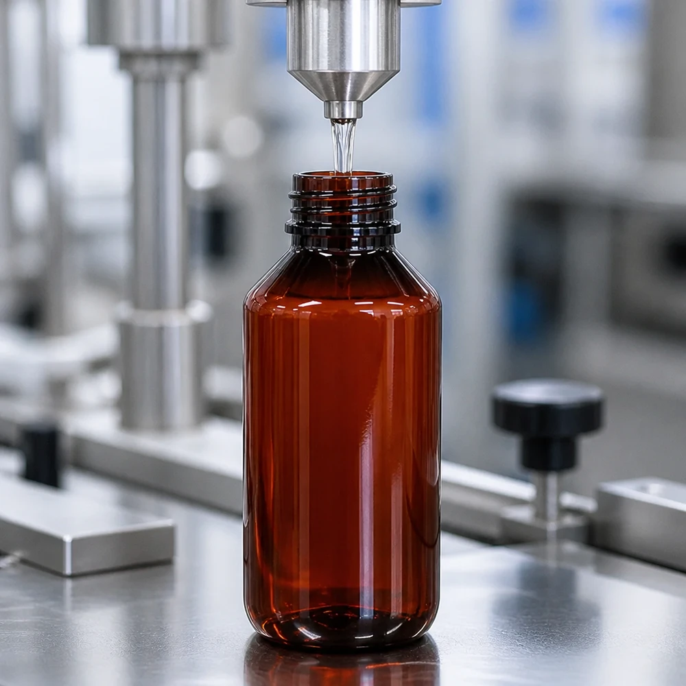 Butelka PET 200 ml z niebieską nakrętką OV Automatyczna linia rozlewnicza napełnia brązową butelkę PET o pojemności 200 ml przezroczystym płynem