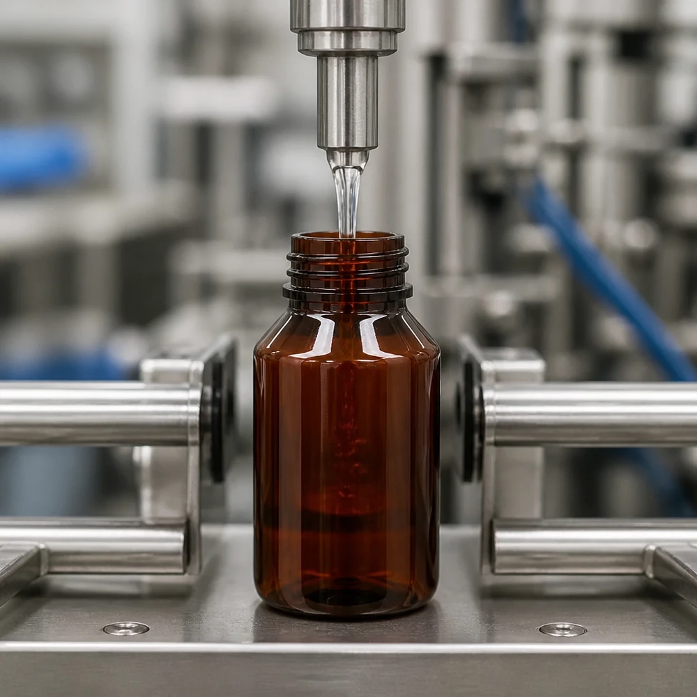 Automatyczne napełnianie brązowej butelki PET o pojemności 50 ml z czerwonym zamknięciem typu OV w linii produkcyjnej