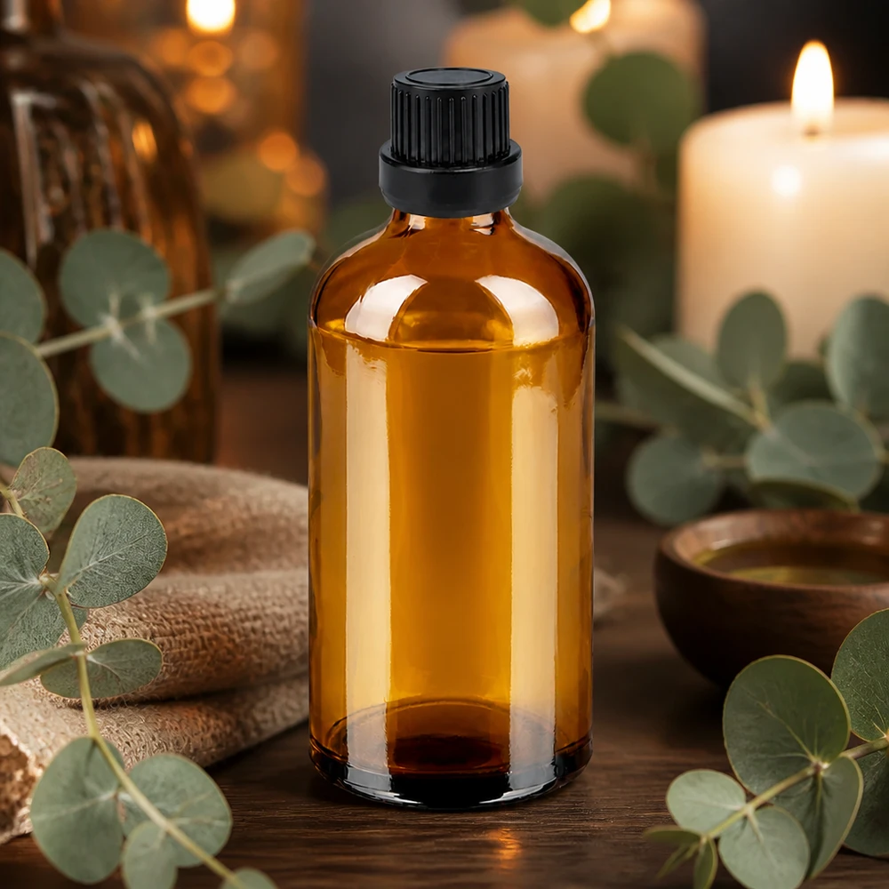 100 ml butelka z zakraplaczem 2 mm czarna OV BrownLine UT18/100 Wysokiej jakości butelka z bursztynowego szkła o pojemności 100 ml z ochroną UV i czarną nasadką do aromaterapii