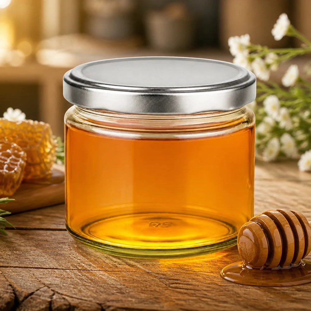 Okrągły słoik 330 ml ze srebrną pokrywką BasicSeal wypełniony miodem Słoik na miód z łyżką miodu w rustykalnym klimacie