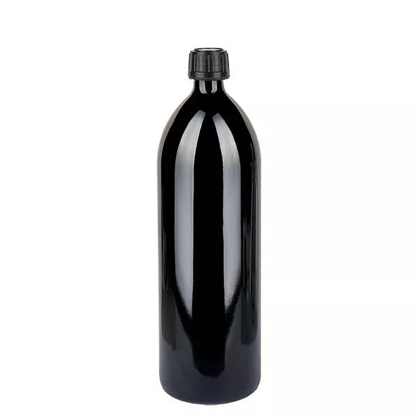 Okrągła fioletowa szklana butelka (butelka na wodę) 1000 ml, DIN-CET PP28 STD, z czarną zakrętką 103575