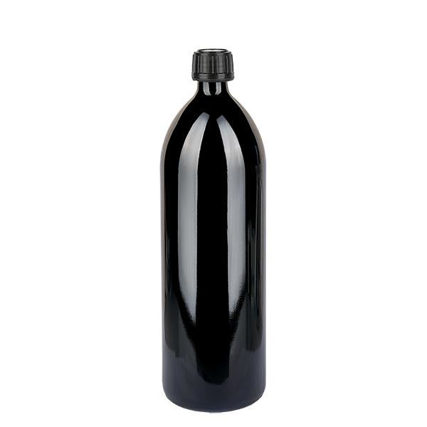 Okrągła fioletowa szklana butelka (butelka na wodę) 1000 ml, DIN-CET PP28 STD, z czarną zakrętką 103575 Okrągła fioletowa szklana butelka (butelka na wodę) 1000 ml, DIN-CET PP28 STD, z czarną zakrętką 103575