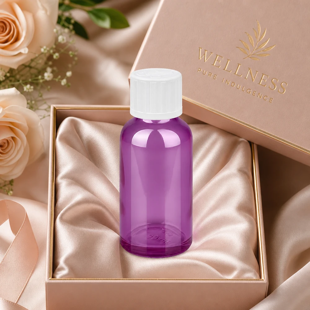 Butelka z zakraplaczem Premium Wellness 30 ml w eleganckim fioletowym kolorze z wysokiej jakości wykończeniem dla luksusowych kosmetyków
