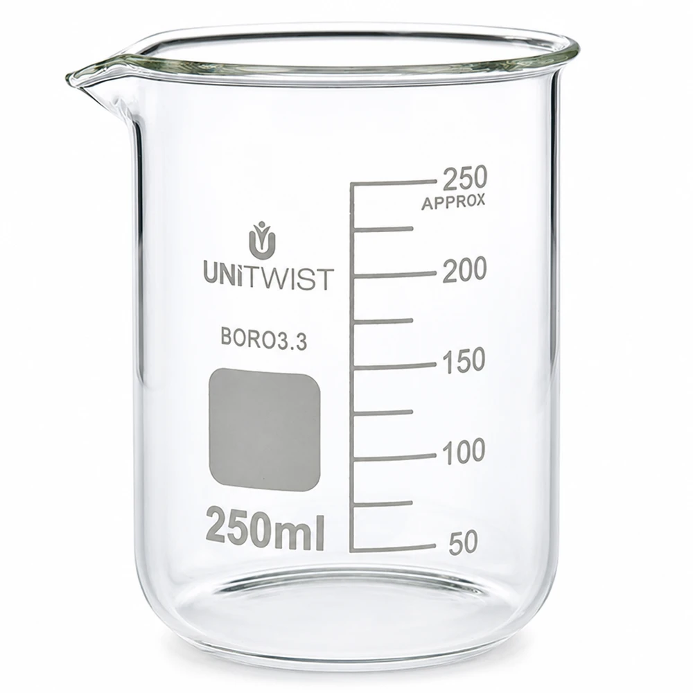 Szklanka miarowa o pojemności 250 ml, wykonana ze szkła borokrzemowego, o niskim profilu, model UNiTWIST, z podziałką mililitrową do 250 ml