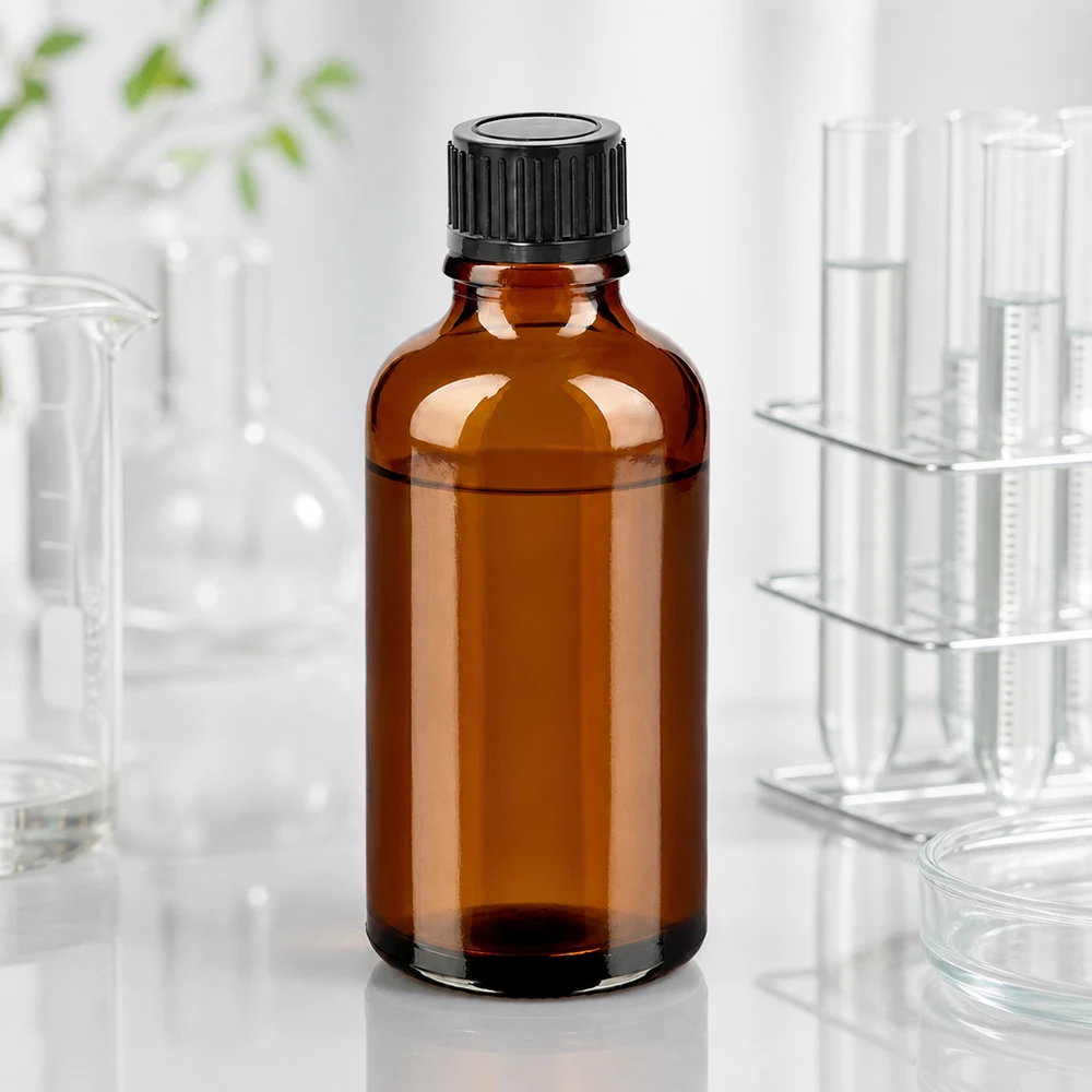 Kompaktowa butelka z bursztynowego szkła o pojemności 50 ml z czarną zakrętką do zastosowań laboratoryjnych i medycznych