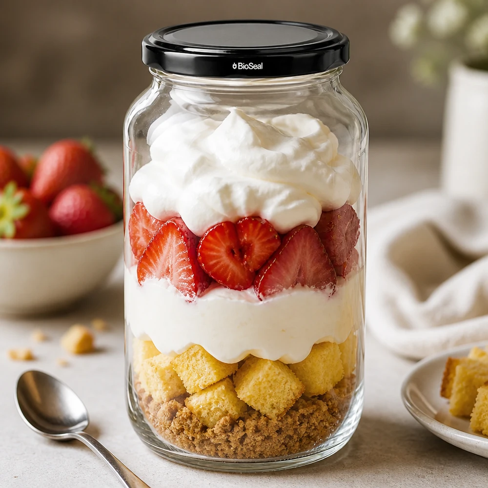UNiTWIST Runda1062 w kolorze czarnym. Pokład. TO82 BioSeal UNiTWIST Rundglas 1062 mit schwarzem TO82 BioSeal Deckel als Dessertglas mit Erdbeeren und Sahne Schichtdessert