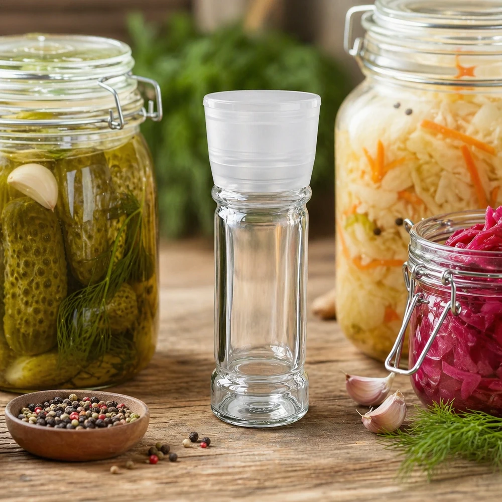 Słoik na sól/przyprawy 100 ml z młynkiem Vario, biały Słoik na przyprawy o pojemności 100 ml z młynkiem, stojący na drewnianym stole obok marynowanych ogórków i kiszonej kapusty