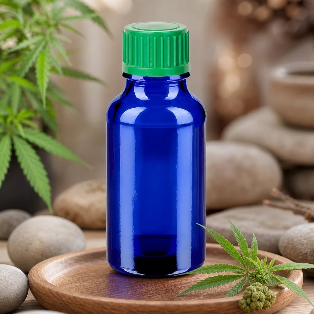 20 ml szklana butelka z zieloną zakrętką STD BlueLine do bezpiecznego przechowywania i transportu produktu