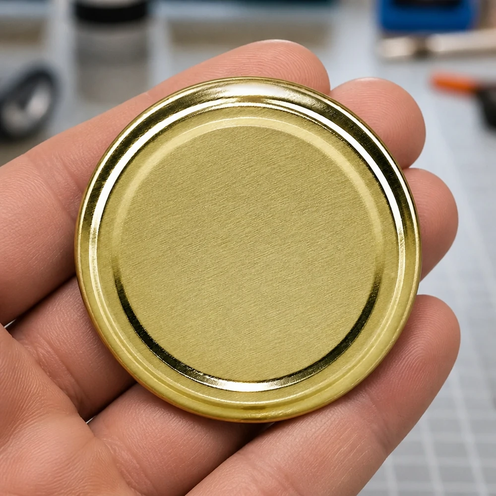 Pokrywka BasicSeal 66 mm, złota (TO66) UNiTWIST Lśniąca pokrywa do słoików BasicSeal TO66 w kolorze złotym, o średnicy 66 mm, marki UNiTWIST – zbliżenie