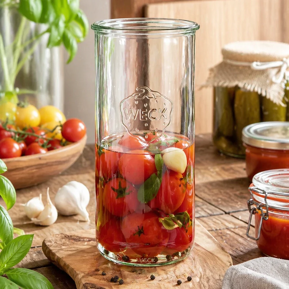 Słoik WECK RR100 o pojemności 1500 ml z kiszonymi pomidorami na drewnianej desce, otoczony świeżymi pomidorami i słoikami na przetwory