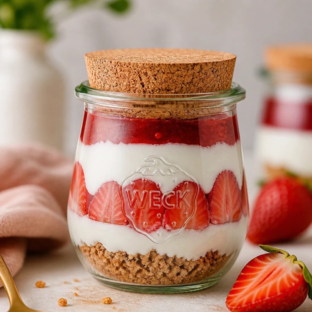 Słoik tulipan 220ml WECK RR60 z korkiem naturalny WECK Tulpenglas 220ml RR60 mit Korken für Desserts Joghurt und Overnight Oats kreative Küchendeko mit Erdbeeren