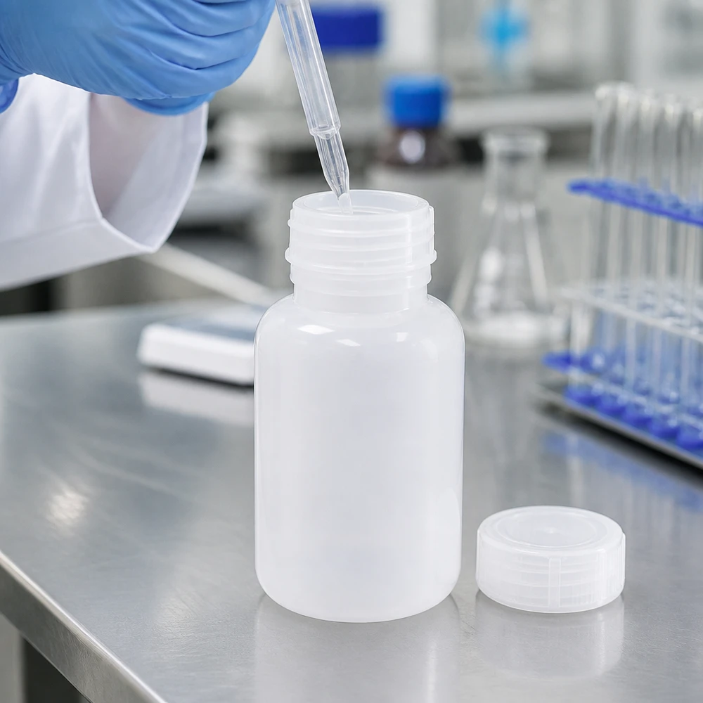 Handliche 250ml Laborflasche mit Weithalsöffnung beim Befüllen mit einer Transferpipette
