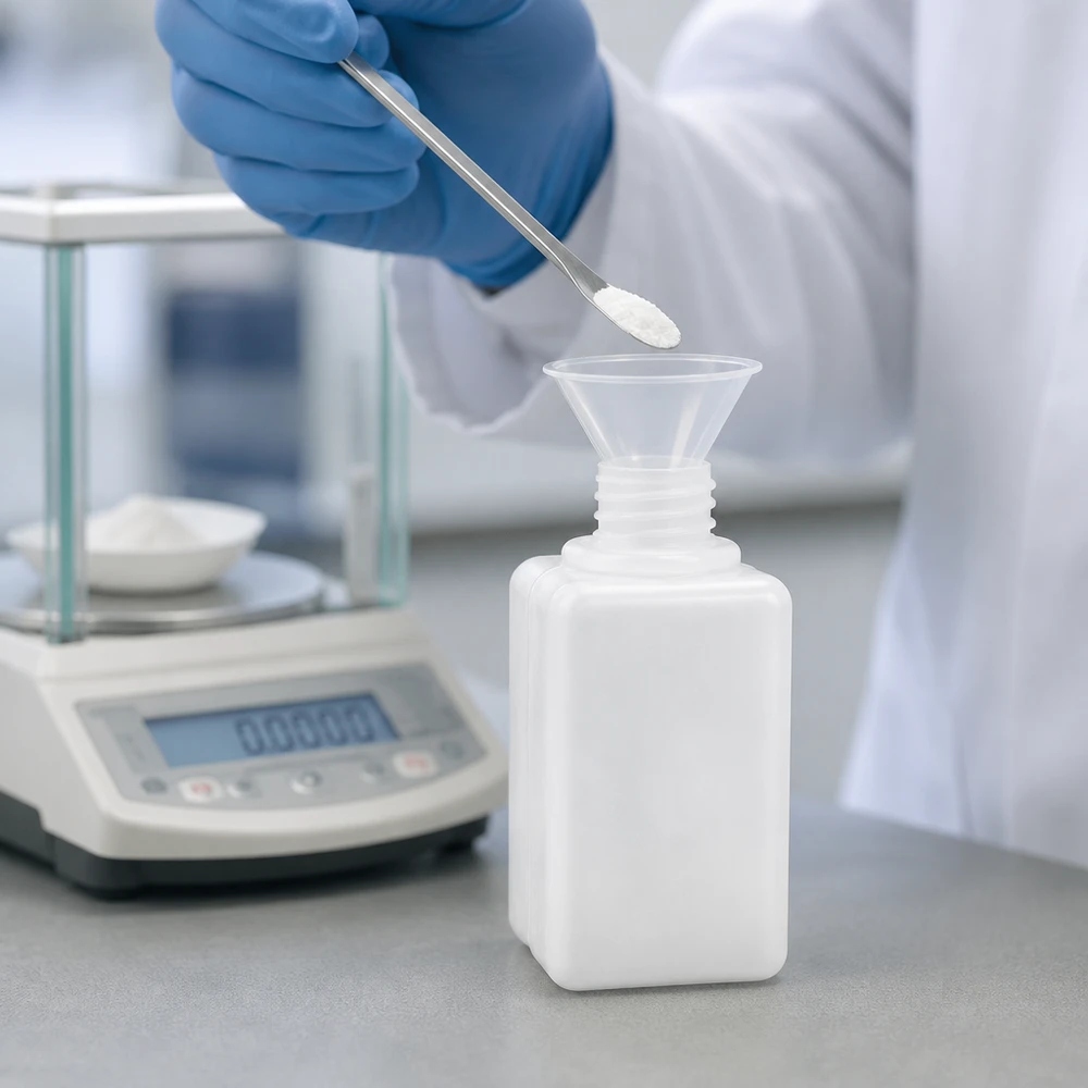 Laborant napełnia 50 ml butelkę na chemikalia z polietylenu o wysokiej gęstości (PE-HD) o średnicy szyjki GL 18 proszkiem za pomocą leja na wadze analitycznej