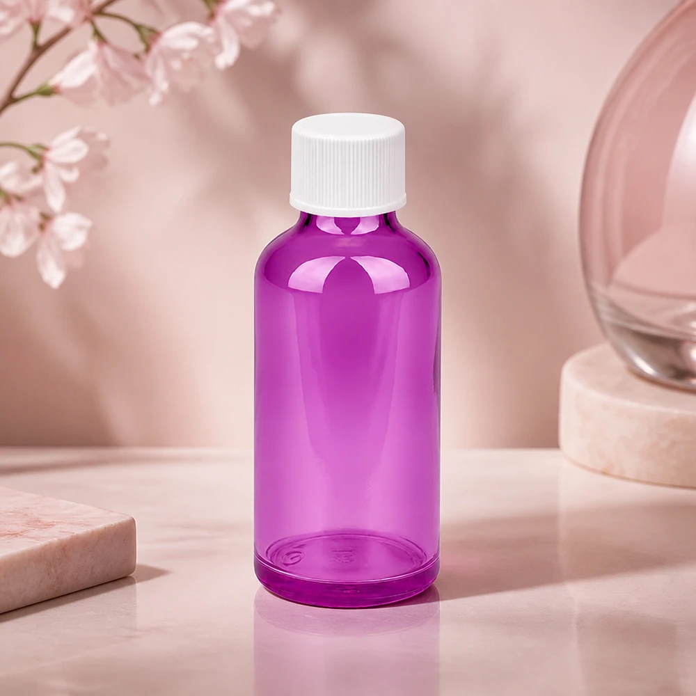 Elegancka butelka PurpleLine o pojemności 50 ml z białą zakrętką zapewnia stylową prezentację produktu.