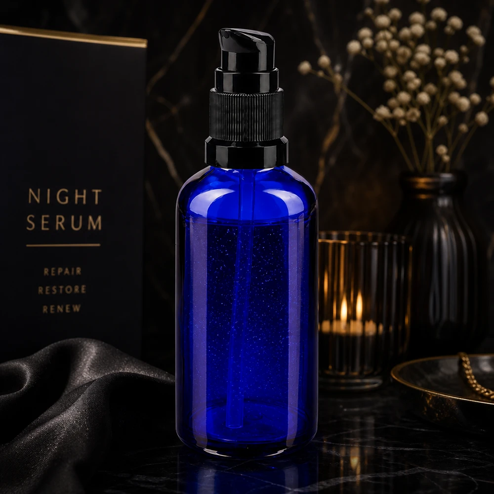 Elegancka szklana butelka apteczna z pompką o pojemności 50 ml w kolorze niebieskim z czarną głowicą dozującą do serum na noc