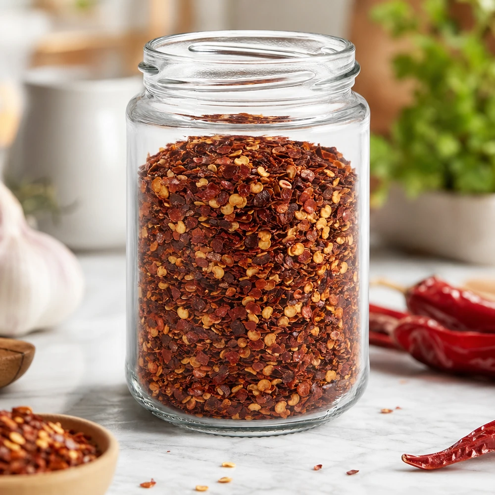 UNiTWIST Runda390 okrągły słoik 390ml TO70 wypełniony mieszanką przypraw w kuchni z papryczkami chili