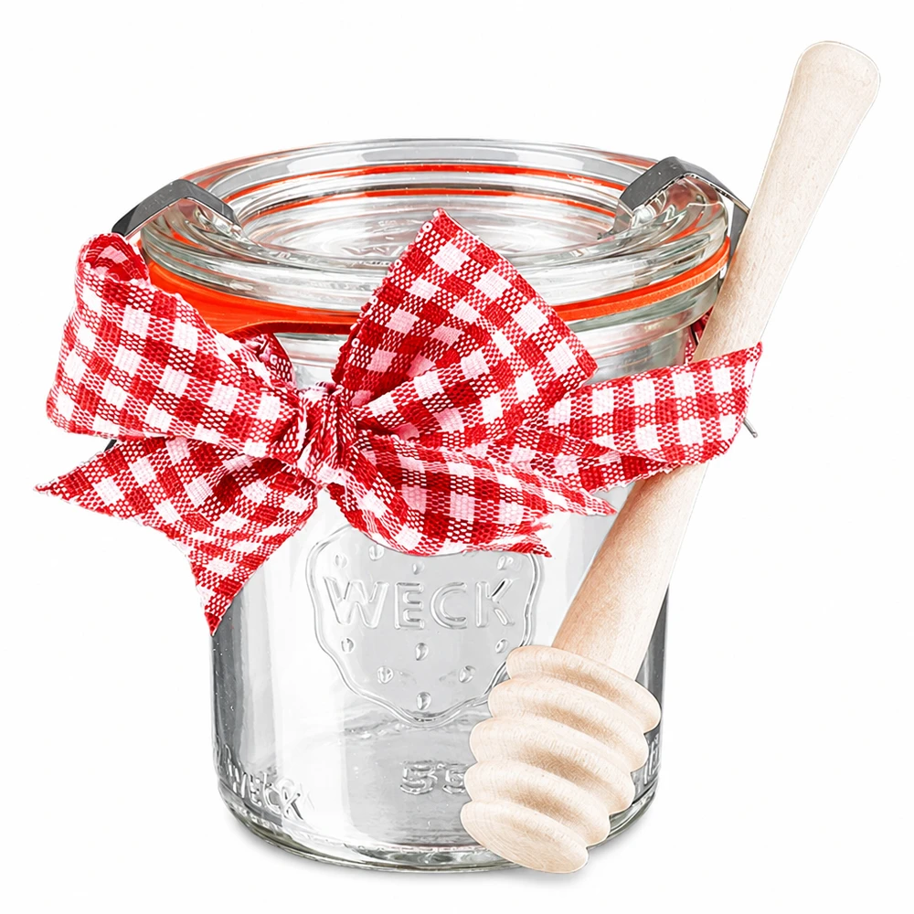 WECK mini słoik 140ml z pokrywką, czerwoną kokardką i drewnianą łyżką do miodu w komplecie