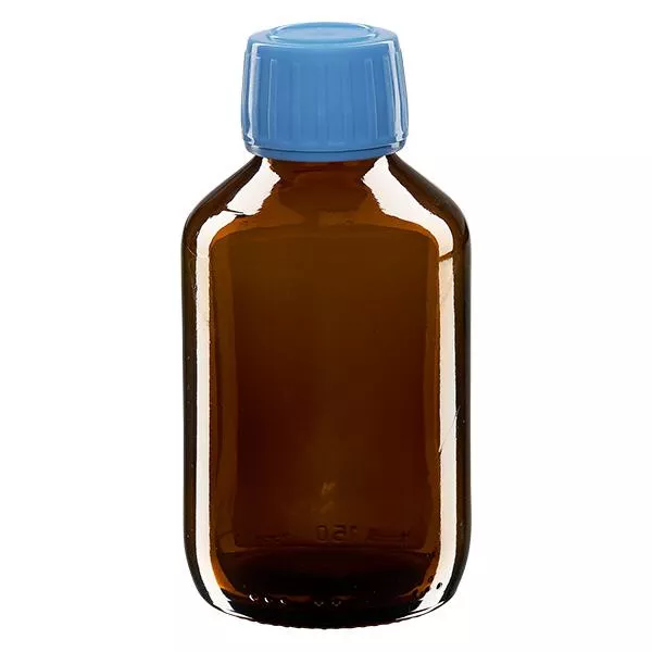Butelka na lek 150 ml brązowa, niebieska zakrętka z pierścieniem zabezpieczającym ApoGlas. Farmaceutyczna jakość produkcji UE. Gwint 28 mm (PP28). (syrop, butelka z lekkiego szkła) Butelka na lek 150 ml brązowa, niebieska zakrętka z pierścieniem zabezpieczającym ApoGlas. Farmaceutyczna jakość produkcji UE. Gwint 28 mm (PP28). (syrop, butelka z lekkiego szkła)