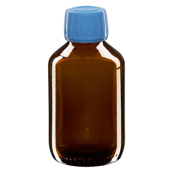 Butelka na lek 150 ml brązowa, niebieska zakrętka z pierścieniem zabezpieczającym ApoGlas. Farmaceutyczna jakość produkcji UE. Gwint 28 mm (PP28). (syrop, butelka z lekkiego szkła) Butelka na lek 150 ml brązowa, niebieska zakrętka z pierścieniem zabezpieczającym ApoGlas. Farmaceutyczna jakość produkcji UE. Gwint 28 mm (PP28). (syrop, butelka z lekkiego szkła)