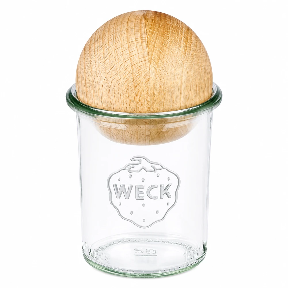 Kubki 160ml WECK RR60 z drewnianą kulką buk Słoik WECK RR60 o pojemności 160 ml z pokrywką z drewna bukowego, przezroczysty słoik z drewnianą pokrywką