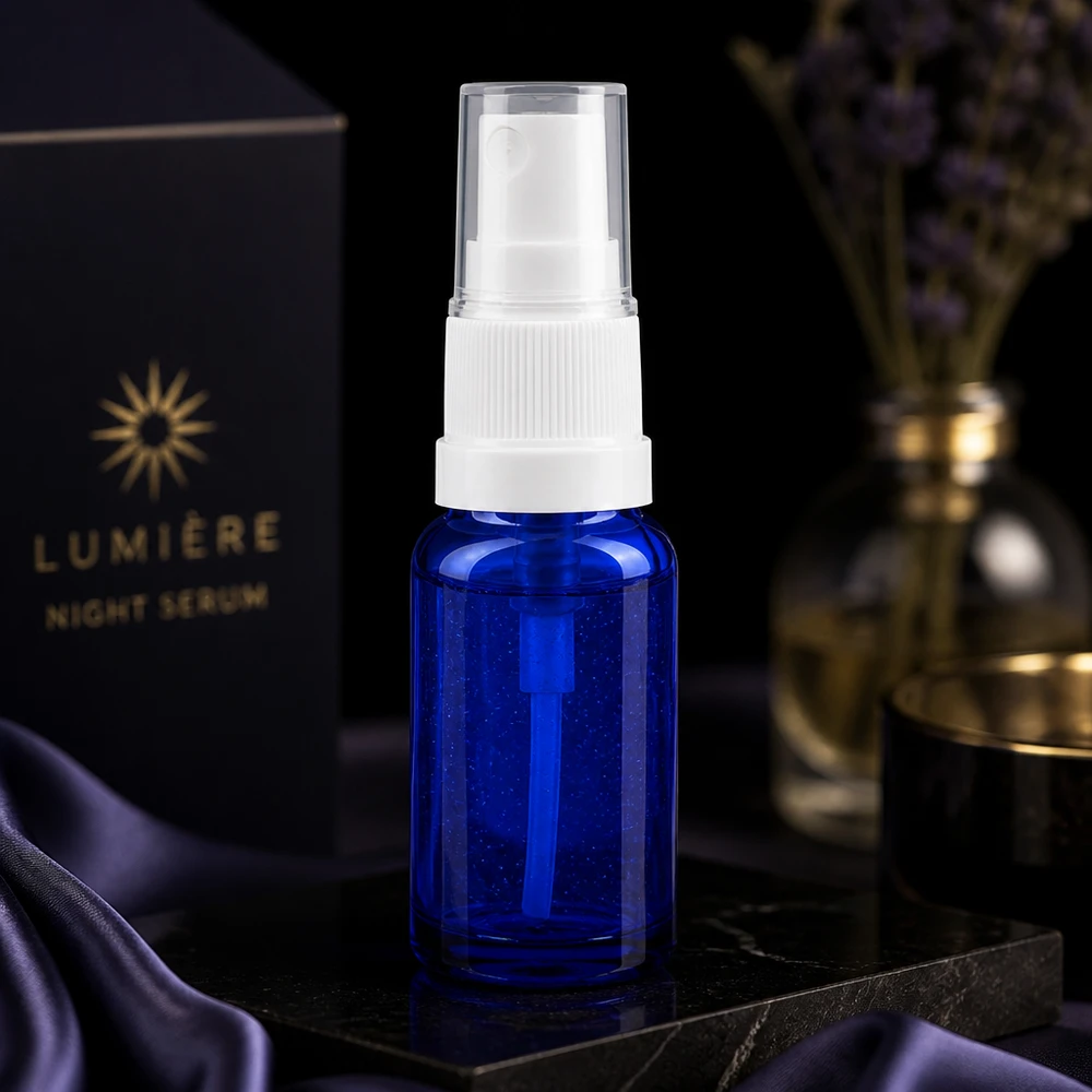 Butelka apteczna niebieska 10ml spray top biały Mała buteleczka z atomizerem o pojemności 10 ml, wykonana z niebieskiego szkła, z białą głowicą pompującą, przeznaczona do serum i produktów kosmetycznych