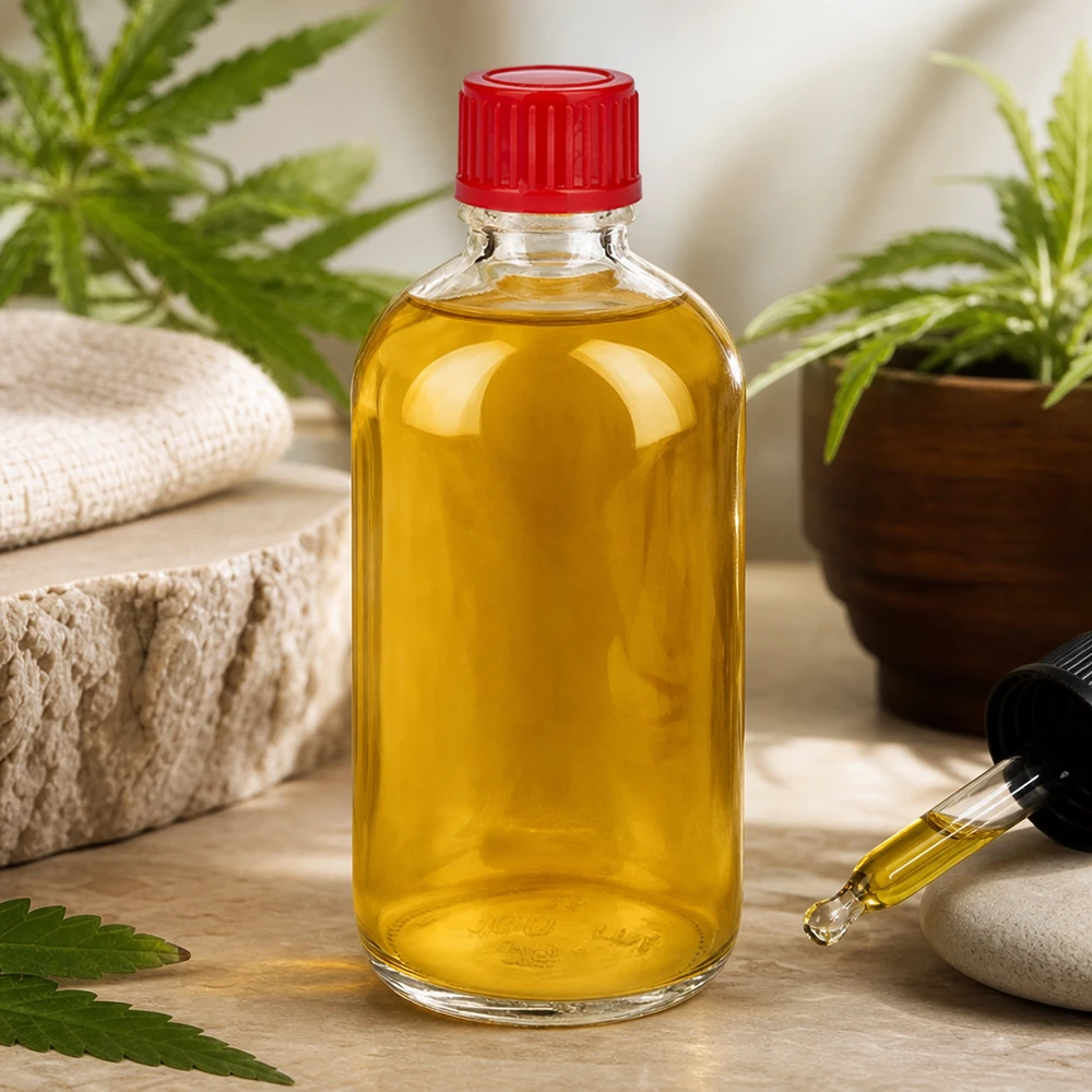 Olejek CBD w przezroczystej szklanej butelce o pojemności 100 ml z czerwoną zakrętką 11 mm SV ClearLine UT18/100 – produkt naturalny