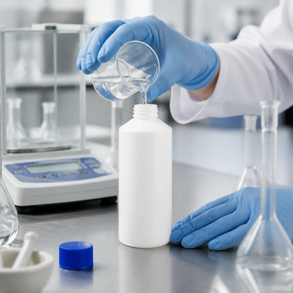 Butelka apteczna HDPE 100ml biała, z niebieskim SV Butelka apteczna z HDPE o pojemności 100 ml, biała z niebieskim znakiem SV, przeznaczona do napełniania przezroczystymi płynami w laboratorium