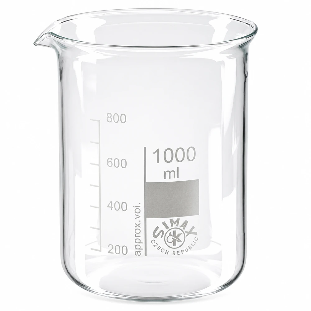 Zlewka niska 1000 ml ze szkła borokrzemowego z wylewką do precyzyjnych prac laboratoryjnych
