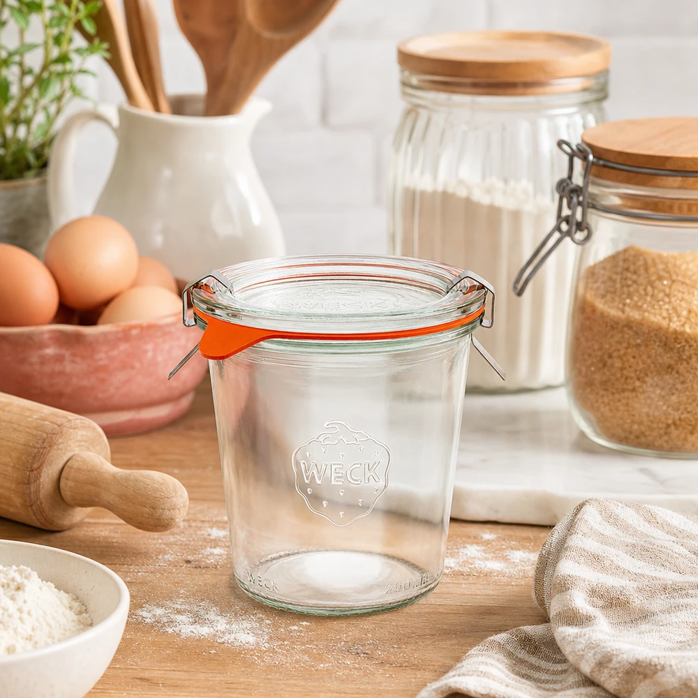 Kubki wysokie 290ml w komplecie WECK RR80 Kubki WECK 290ml RR80 puste w naturalnym środowisku kuchennym ze składnikami do pieczenia, mąką, jajkami i drewnianymi przyborami.