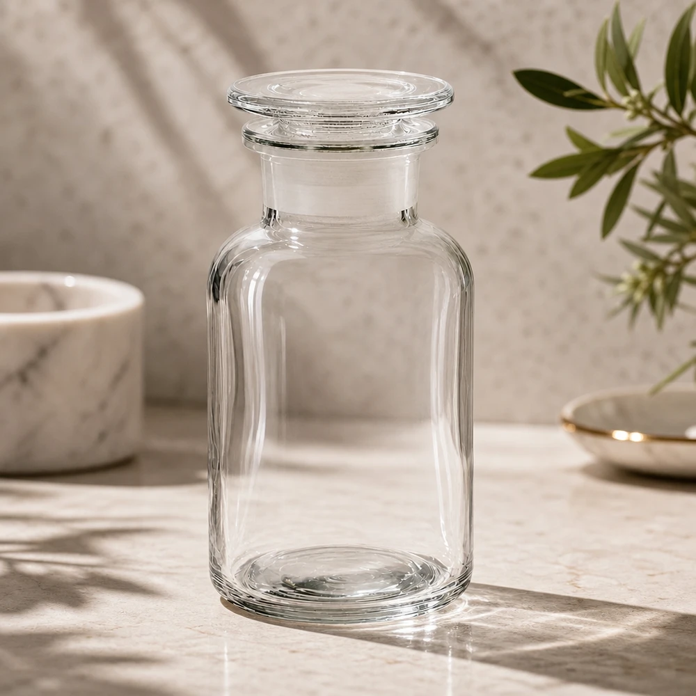 Pusta butelka o zaokrąglonych ramionach, o pojemności 250 ml, wykonana z przezroczystego szkła, z szeroką szyjką i nasadzaną szklaną zatyczką