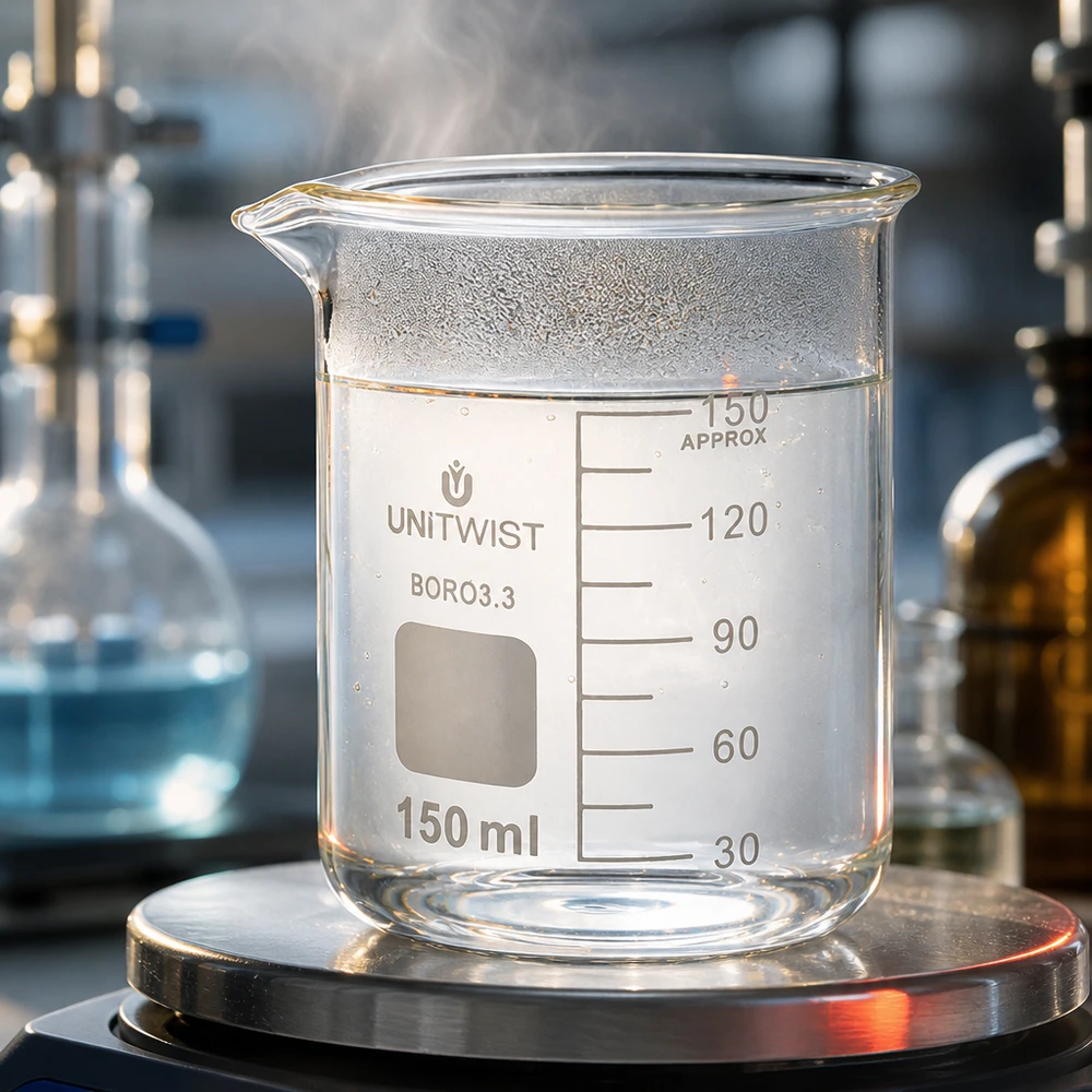Szklanka UNiTwist o pojemności 150 ml, wykonana z borokrzemianu, o niskim profilu, umieszczona na wadze laboratoryjnej z gorącą wodą i parą