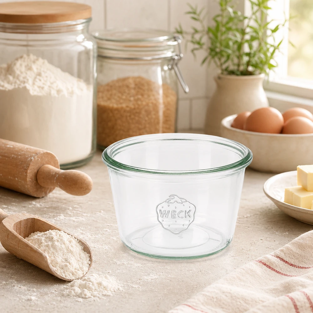 Kubki o pojemności 370 ml WECK RR100 WECK szklany słoik 370ml RR100 w kuchni ze składnikami do pieczenia i przyborami kuchennymi