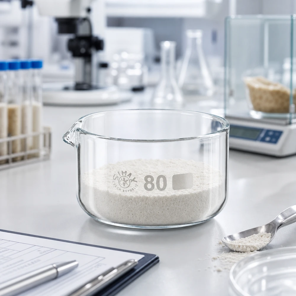 Naczynie do krystalizacji 150 ml z borokrzemianową wylewką Miska krystalizacyjna o pojemności 150 ml z białym proszkiem na wadze laboratoryjnej, a w tle mikroskop o średnicy 80 mm