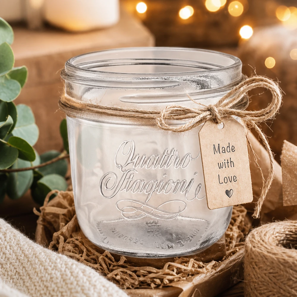 Szkło jubilerskie "Quattro Stagioni" o pojemności 200 ml Słoik na biżuterię Quattro Stagioni o pojemności 200 ml z jutową wstążką i zawieszką Made with Love w rustykalnym stylu