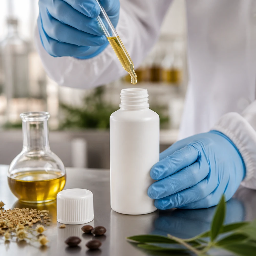 Biała butelka z tworzywa sztucznego o pojemności 50 ml z pipetą kroplową i ekstraktami naturalnymi, wyprodukowana w zakładzie farmaceutycznym