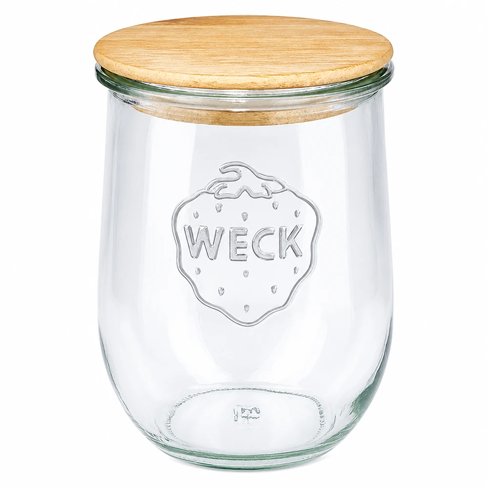 Słoik tulipanowy WECK RR100 o pojemności 1062 ml z drewnianą pokrywką WECK słoik na tulipany 1062ml RR100 z drewnianą pokrywką Słoik na przetwory wykonany ze szkła z naturalną drewnianą pokrywką