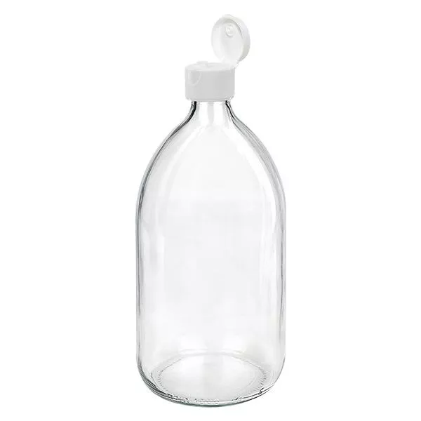 Butelka na lek o pojemności 1000 ml, przezroczysta, z klapką ApoGlas. Farmaceutyczna jakość produkcji UE. Gwint 28 mm (PP28). (syrop, butelka z lekkiego szkła) Butelka na lek o pojemności 1000 ml, przezroczysta, z klapką ApoGlas. Farmaceutyczna jakość produkcji UE. Gwint 28 mm (PP28). (syrop, butelka z lekkiego szkła)