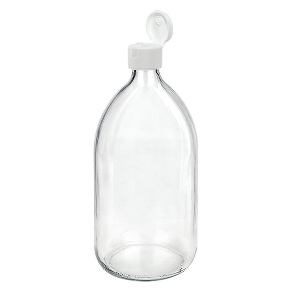 Butelka na lek o pojemności 1000 ml, przezroczysta, z klapką ApoGlas. Farmaceutyczna jakość produkcji UE. Gwint 28 mm (PP28). (syrop, butelka z lekkiego szkła) Butelka na lek o pojemności 1000 ml, przezroczysta, z klapką ApoGlas. Farmaceutyczna jakość produkcji UE. Gwint 28 mm (PP28). (syrop, butelka z lekkiego szkła)