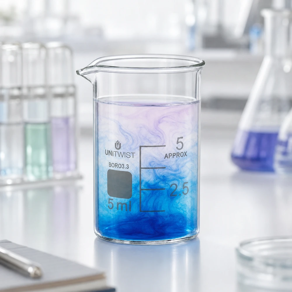 Mała zlewka laboratoryjna o pojemności 5 ml, wykonana ze szkła borokrzemowego 3.3, z niebieską mgiełką barwną i podziałką