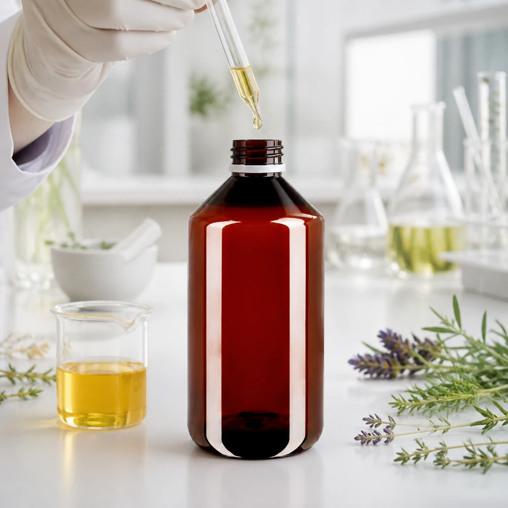 Brązowa okrągła butelka PET o pojemności 750 ml z białym zakrętkiem w laboratorium