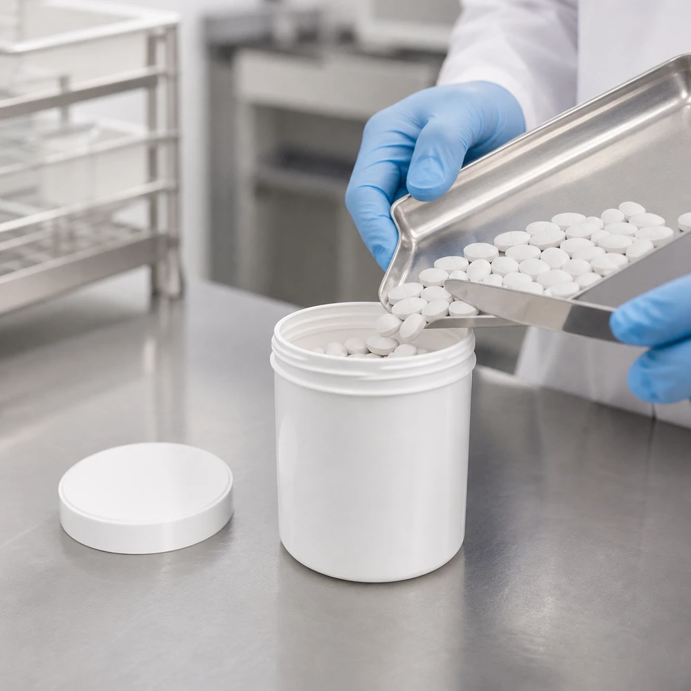 Biały plastikowy słoik o pojemności 20 g z zakrętką, przeznaczony do napełniania preparatów farmaceutycznych w laboratorium