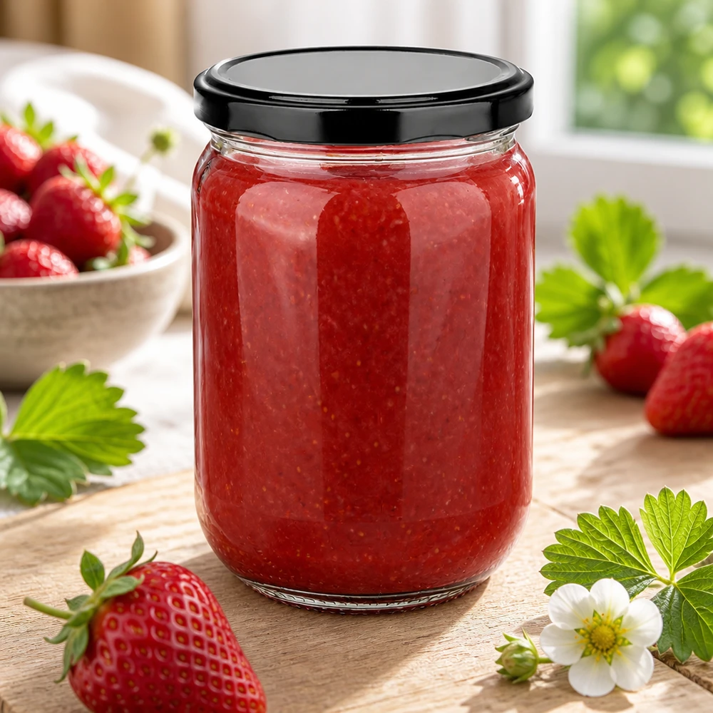 Okrągły słoik UniTwist o pojemności 555 ml, wypełniony domowym dżemem truskawkowym, z czarną pokrywką BasicSeal