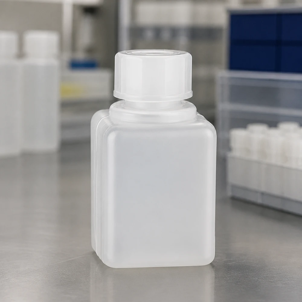 Mała przezroczysta buteleczka z tworzywa sztucznego o pojemności 20 ml z białą zakrętką na powierzchni ze stali nierdzewnej w laboratorium