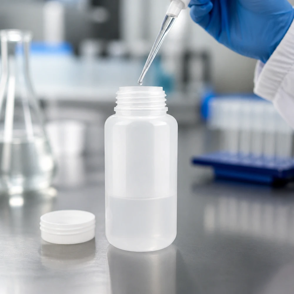 Biała plastikowa butelka laboratoryjna o pojemności 1000 ml z szeroką, otwartą szyjką, stojąca na stole ze stali nierdzewnej wraz z pipetą w laboratorium