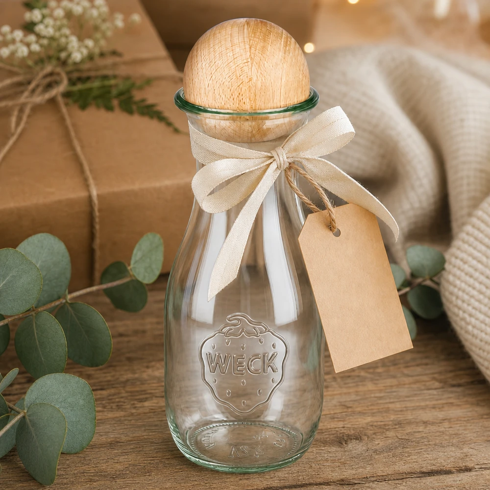 Butelka na sok 530ml WECK RR60 z drewnianą kulką buk Butelka na sok WECK 530 ml zapakowana w kokardę i przywieszkę obok eukaliptusa i dekoracji