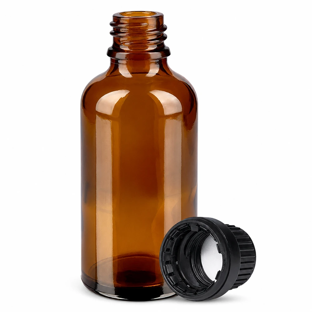 Butelka apteczna 50 ml z bursztynowego szkła z gwintem 11 mm i czarną zakrętką na leki
